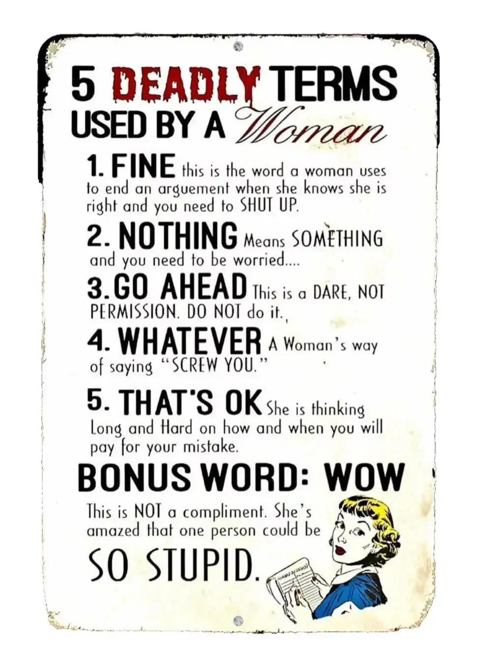 Deadly Terms Used By A Woman Tin Metal Sign Man Cave Garage Humor Decor 12